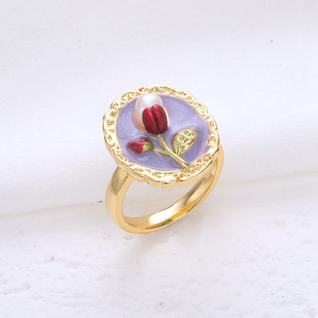 vintage natural pearl flower oil painting ring set of 4