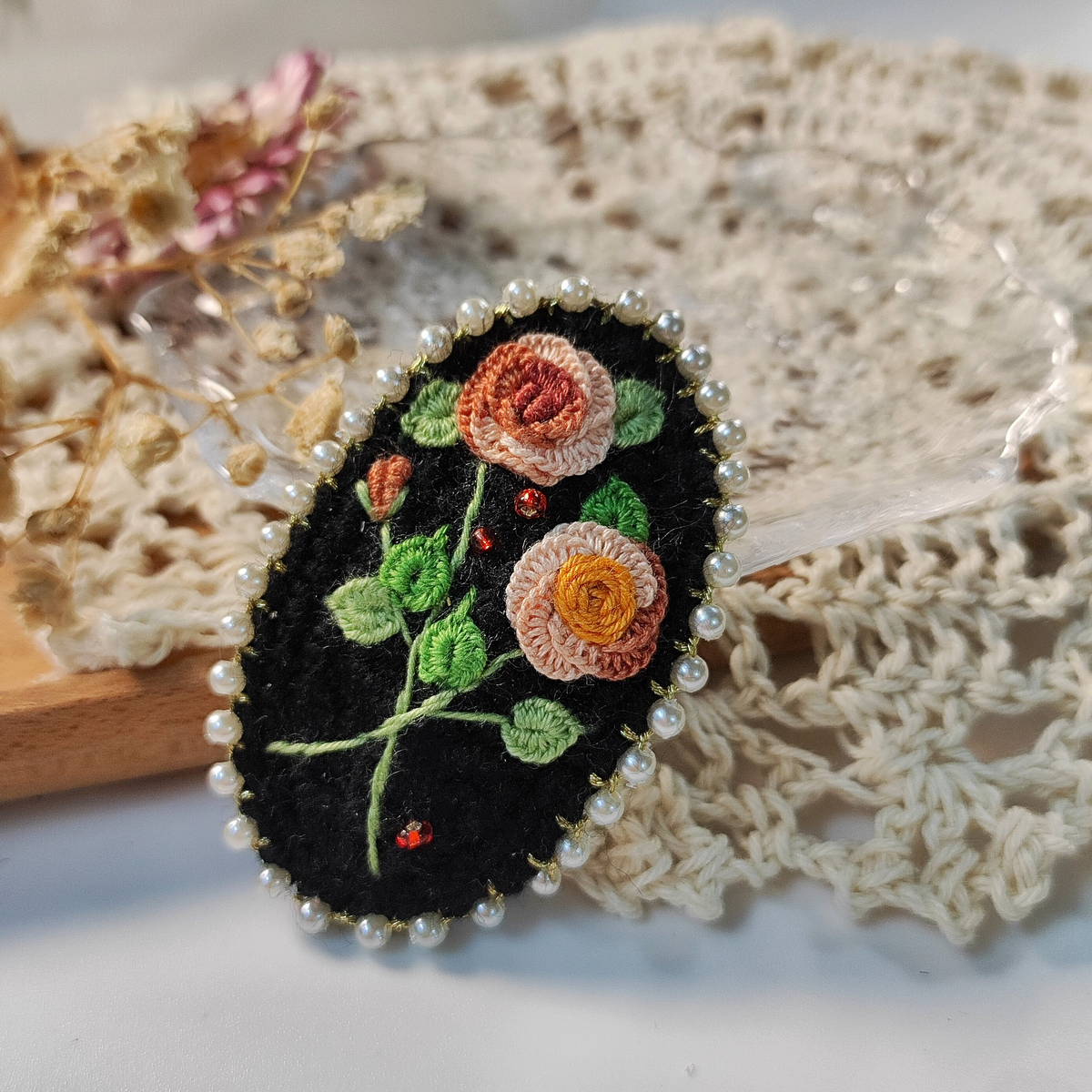Vintage Handmade Crochet & Embroidered Flower Hair Clip