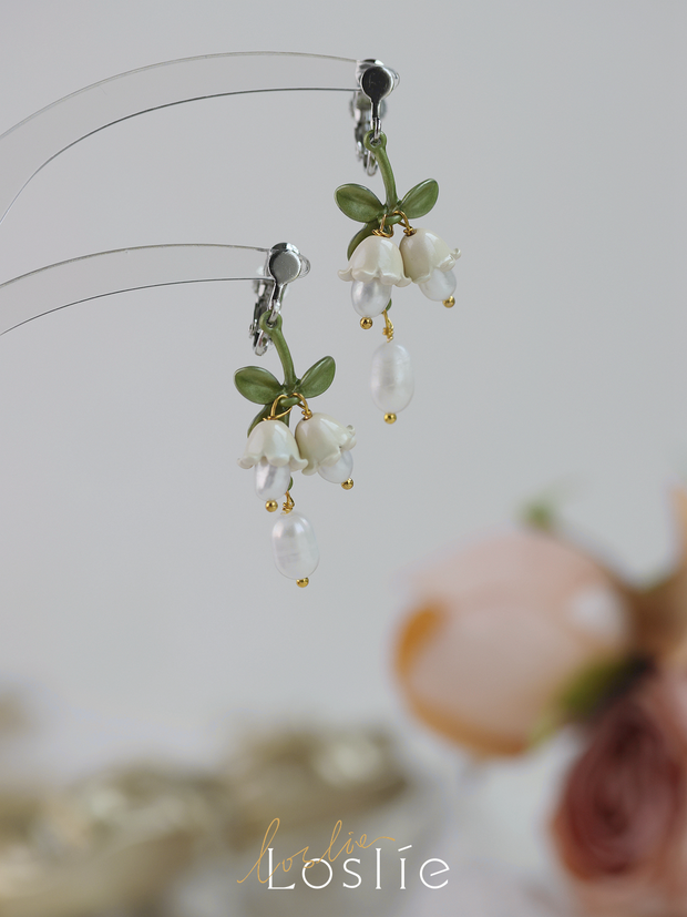 Lily of the Valley handmade pearls silver earrings