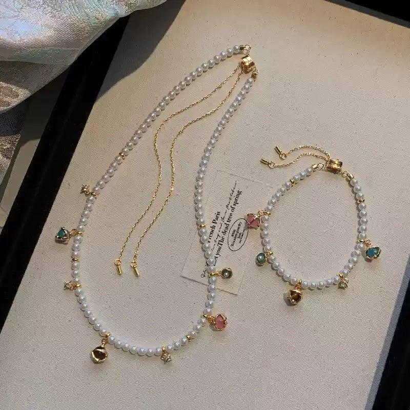 colored gemstone pendant millet bead pearl bracelet & necklace set
