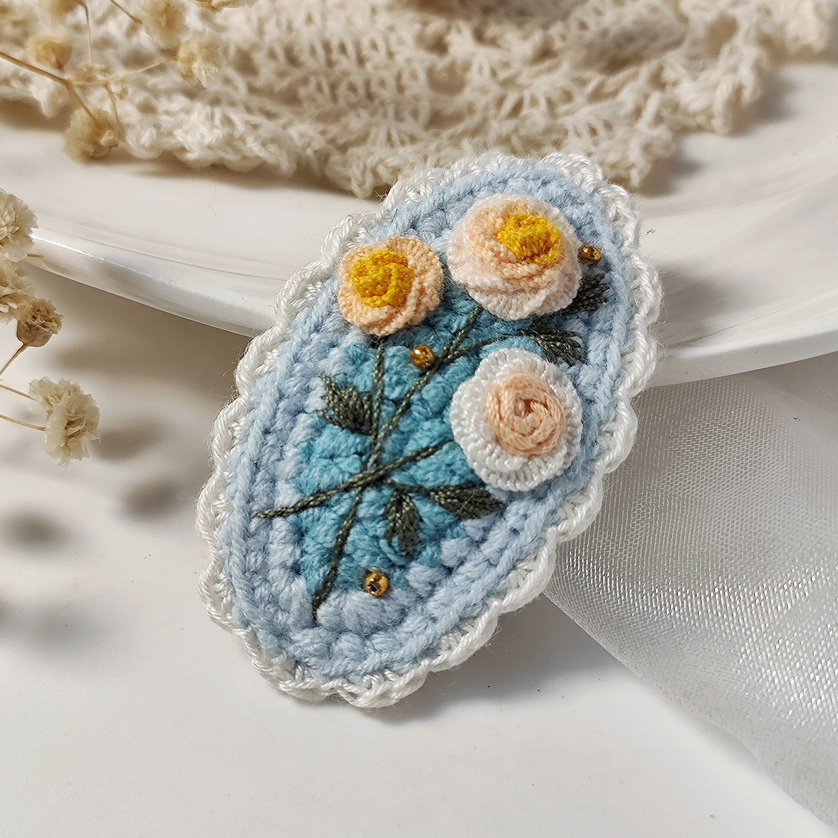 Vintage Handmade Crochet & Embroidered Pink&Blue Flower Hair Clip