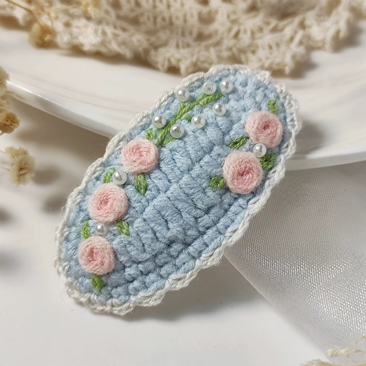 Vintage Handmade Crochet & Embroidered Pink&Blue Flower Hair Clip