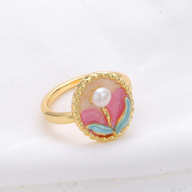vintage natural pearl flower oil painting ring set of 4