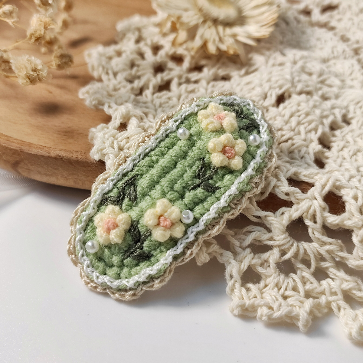 Vintage Handmade Crochet & Embroidered Green Flower Hair Clip
