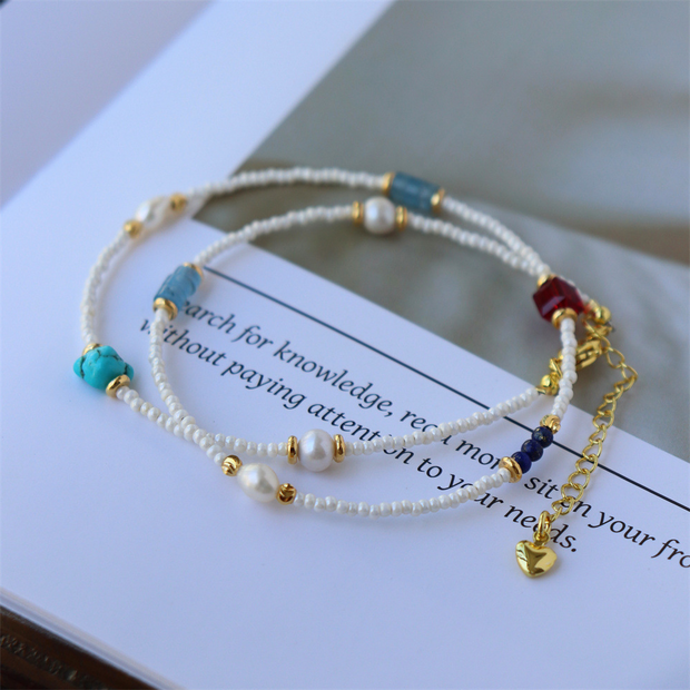 Colorful natural stone freshwater pearl handmade beaded clavicle necklace
