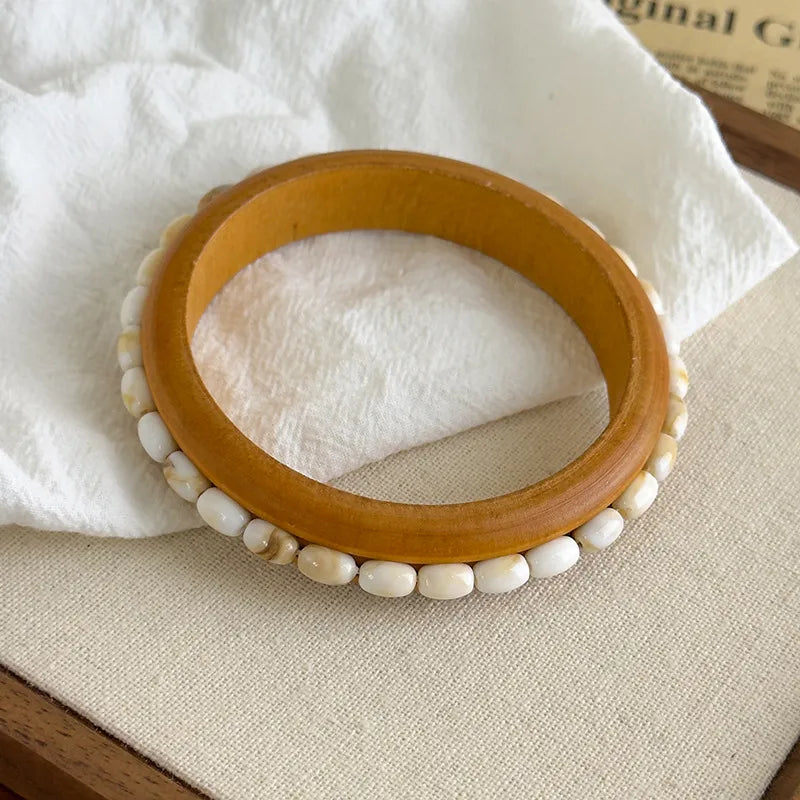 retro geometric irregular oval resin and wood bracelet set