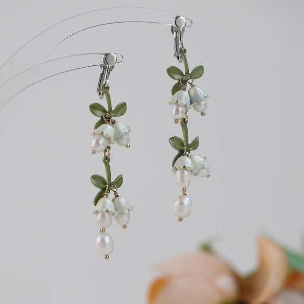 Lily of the Valley handmade pearls silver earrings