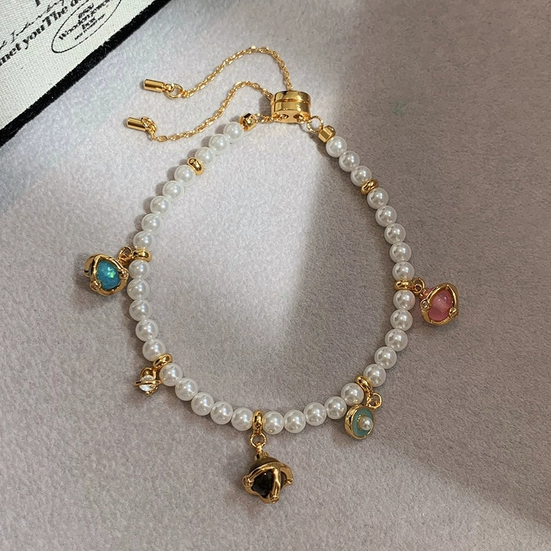 colored gemstone pendant millet bead pearl bracelet & necklace set
