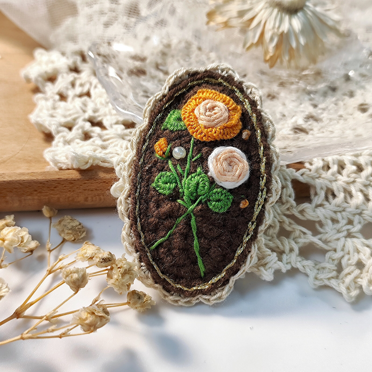 Vintage Handmade Crochet & Embroidered Flower Hair Clip