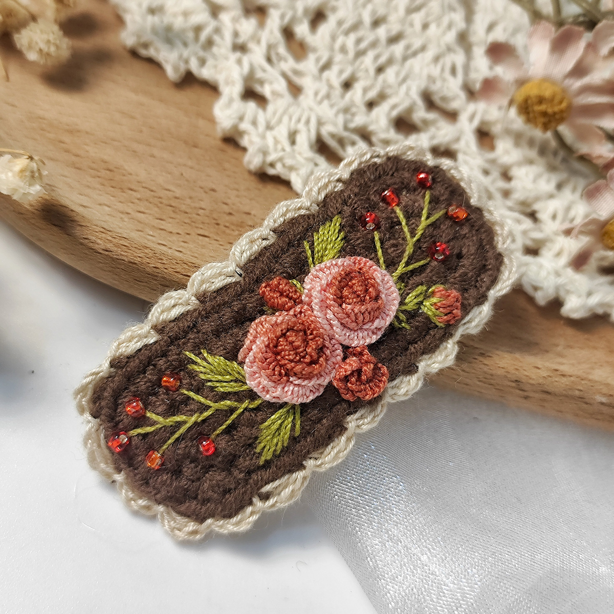 Vintage Handmade Crochet & Embroidered Flower Hair Clip