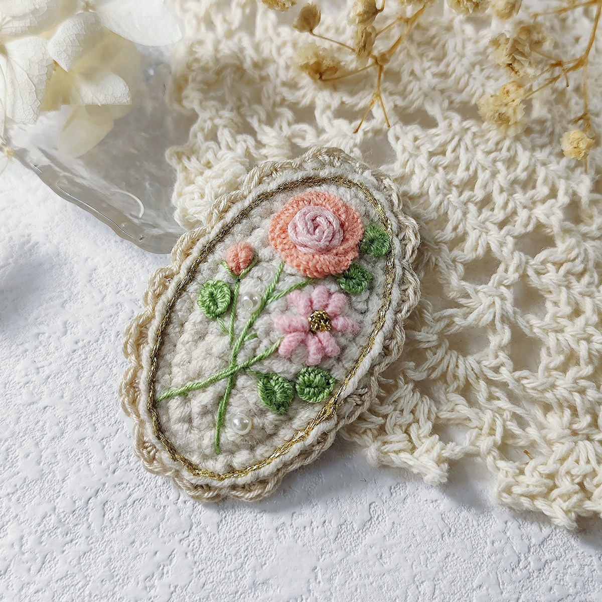 Vintage Handmade Crochet & Embroidered Flower Hair Clip