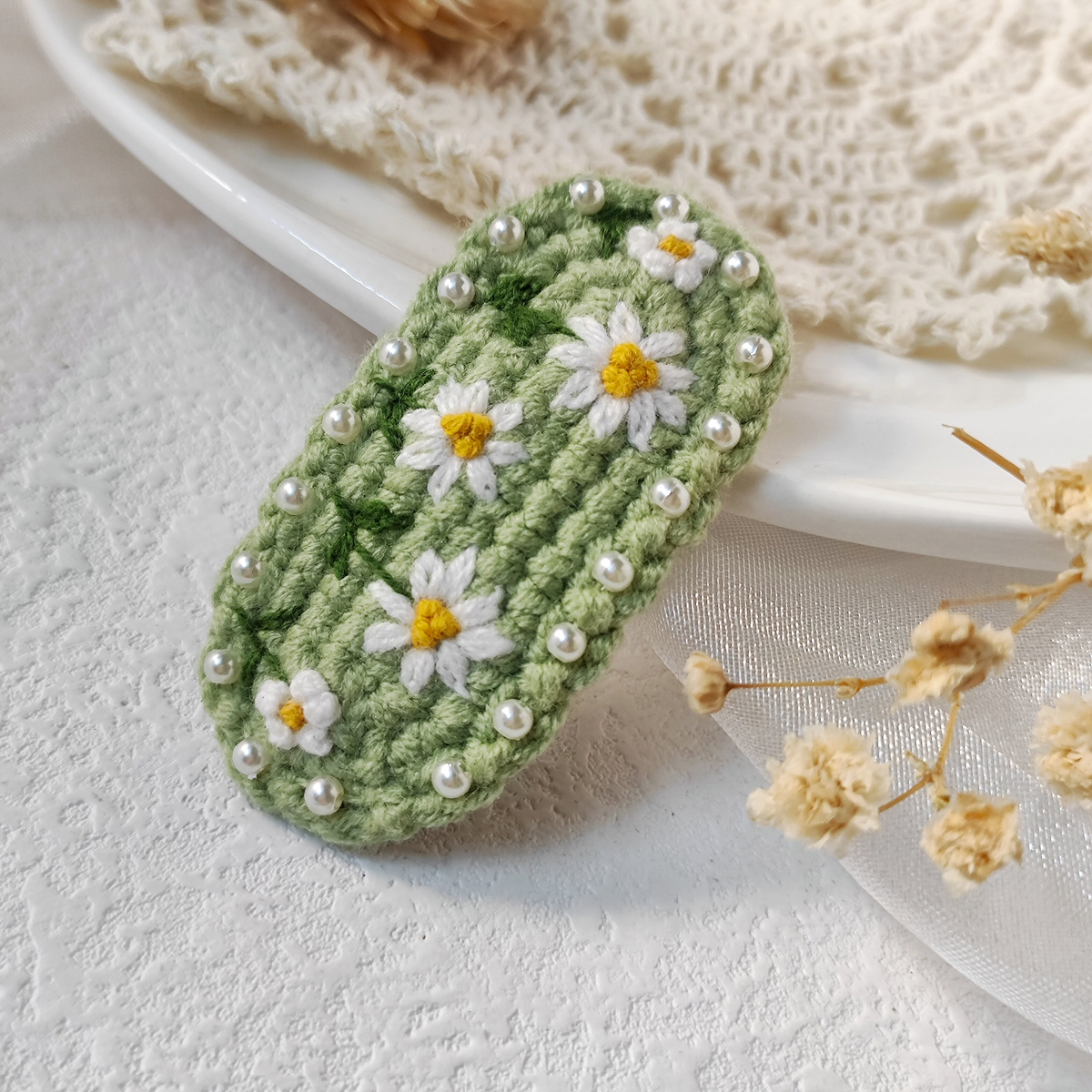 Vintage Handmade Crochet & Embroidered Green Flower Hair Clip
