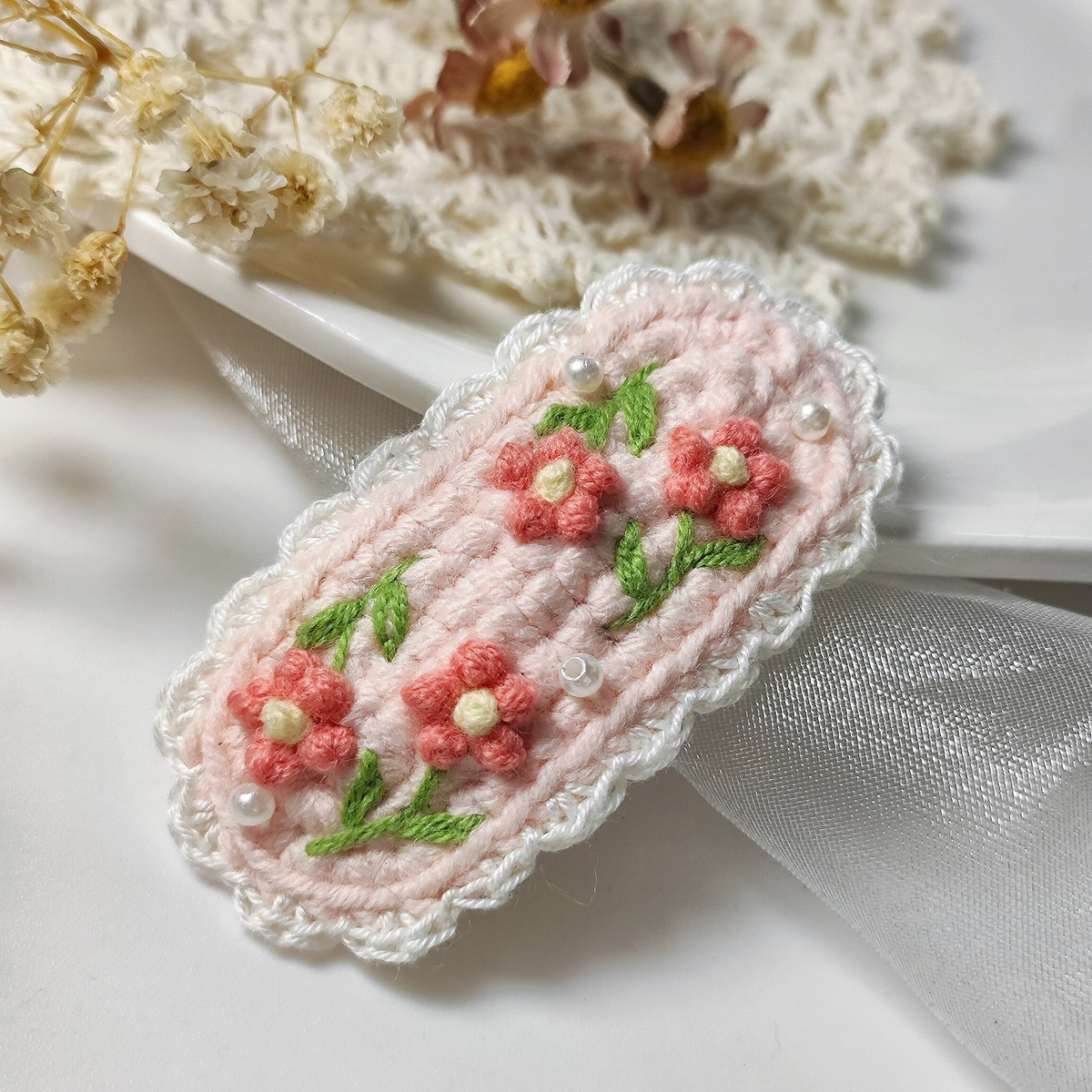 Vintage Handmade Crochet & Embroidered Pink&Blue Flower Hair Clip