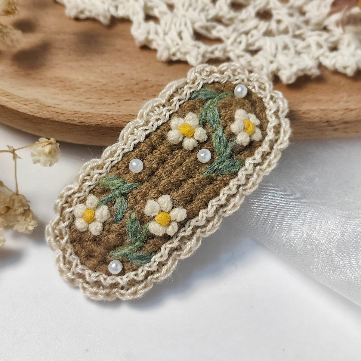 Vintage Handmade Crochet & Embroidered Flower Hair Clip