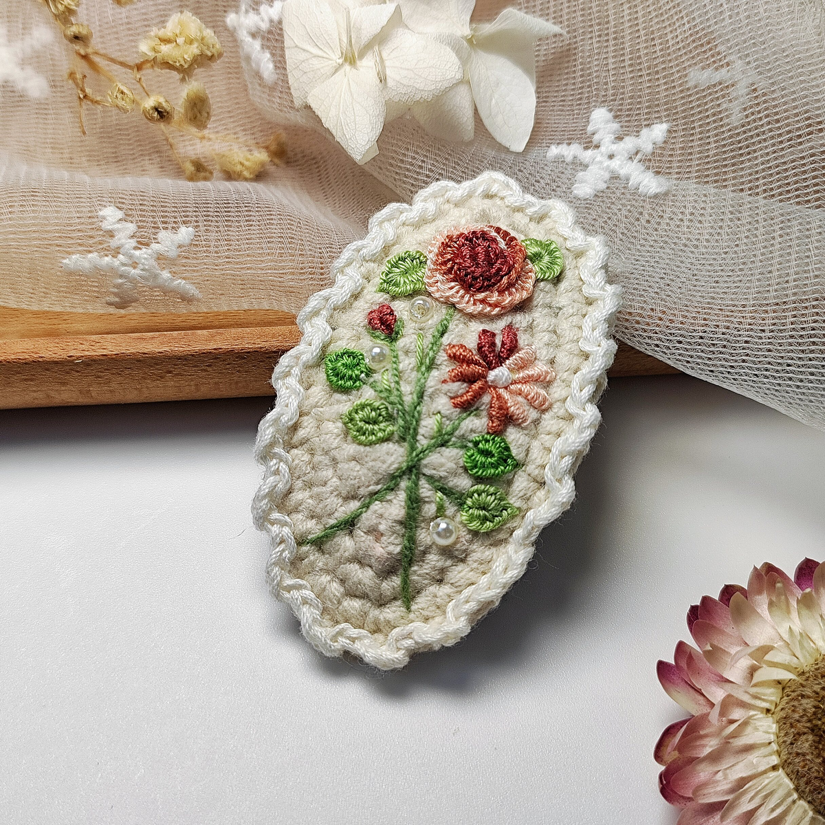 Vintage Handmade Crochet & Embroidered Flower Hair Clip