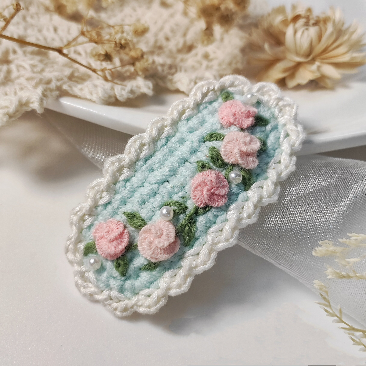 Vintage Handmade Crochet & Embroidered Pink&Blue Flower Hair Clip