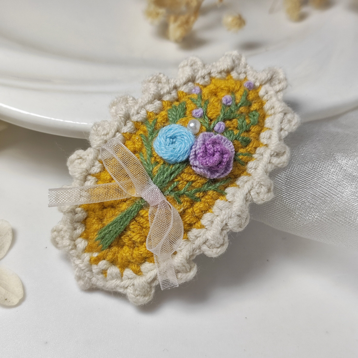 Vintage Handmade Crochet & Embroidered Flower Hair Clip
