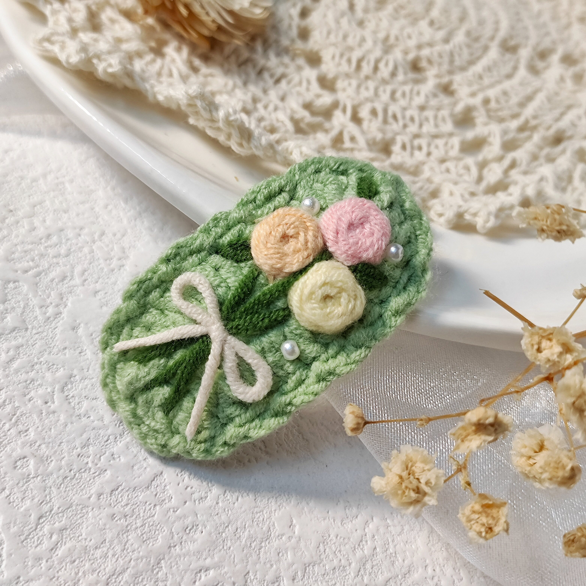 Vintage Handmade Crochet & Embroidered Green Flower Hair Clip