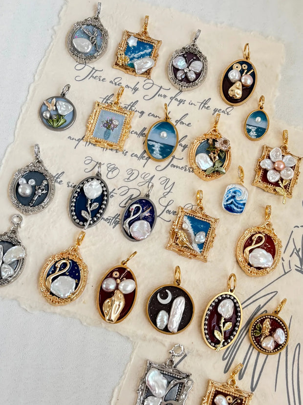 hand-painted baroque pearl floral Oil painting pendant