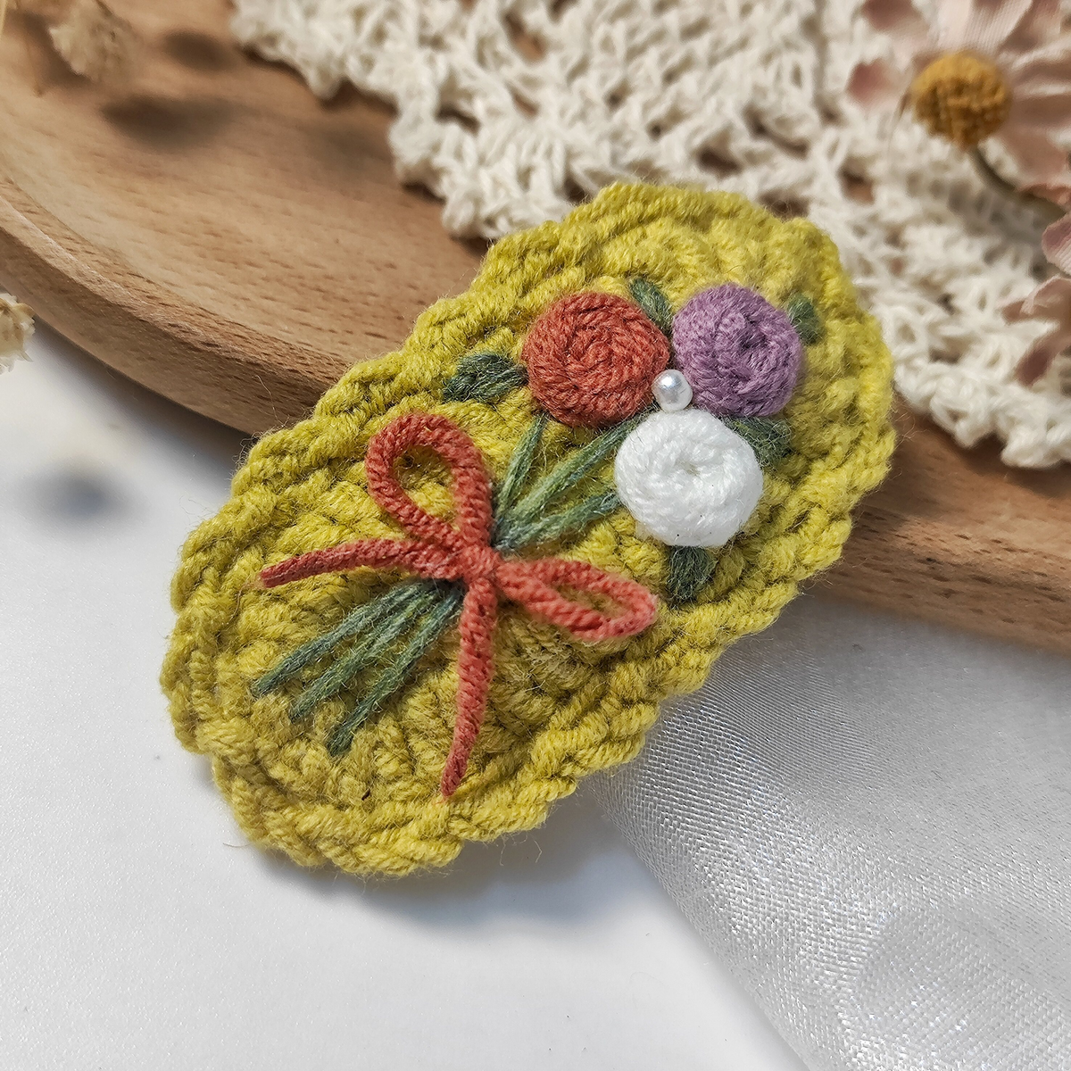 Vintage Handmade Crochet & Embroidered Flower Hair Clip