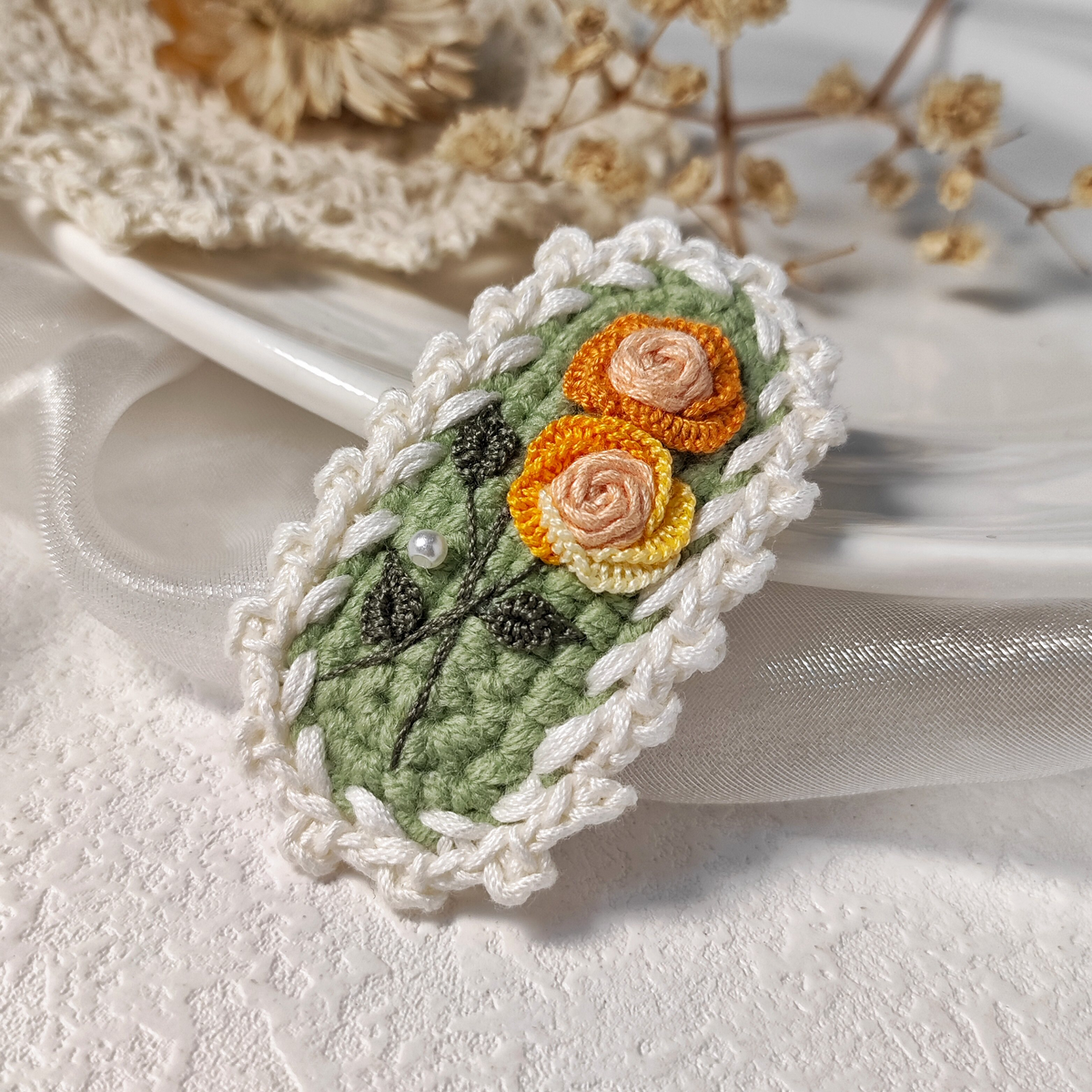 Vintage Handmade Crochet & Embroidered Green Flower Hair Clip