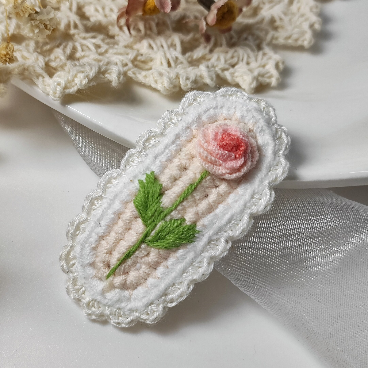 Vintage Handmade Crochet & Embroidered Pink&Blue Flower Hair Clip