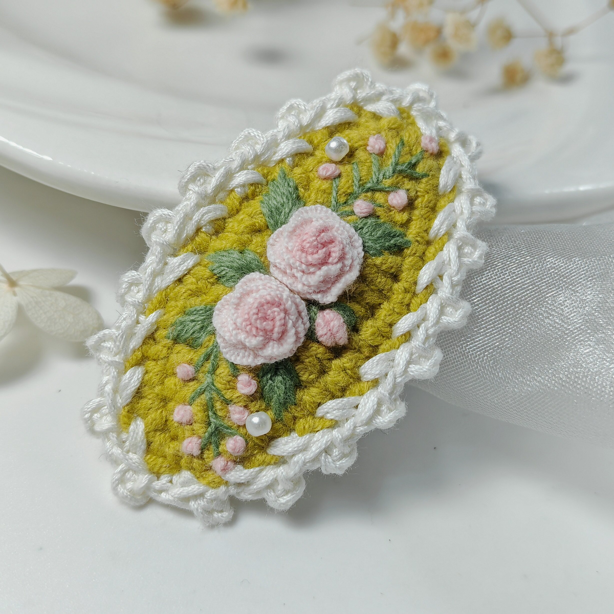 Vintage Handmade Crochet & Embroidered Flower Hair Clip