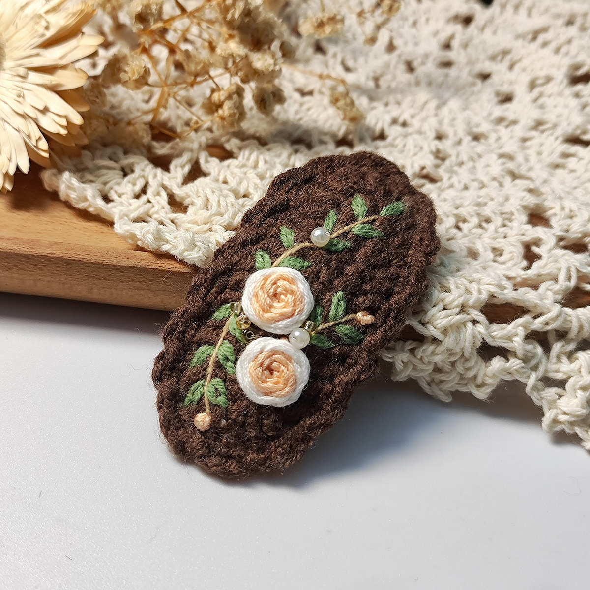 Vintage Handmade Crochet & Embroidered Flower Hair Clip