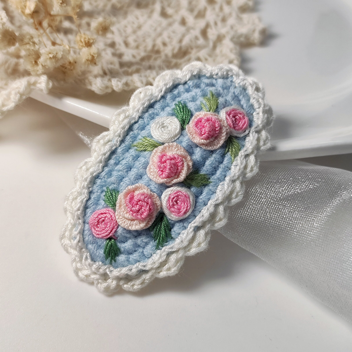Vintage Handmade Crochet & Embroidered Pink&Blue Flower Hair Clip