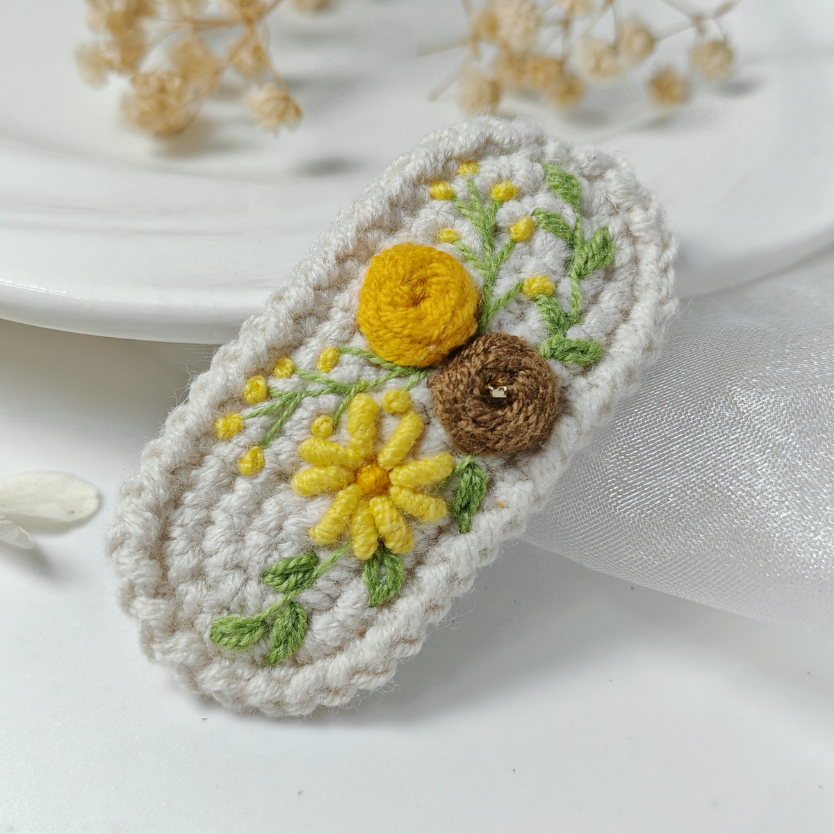 Vintage Handmade Crochet & Embroidered Flower Hair Clip
