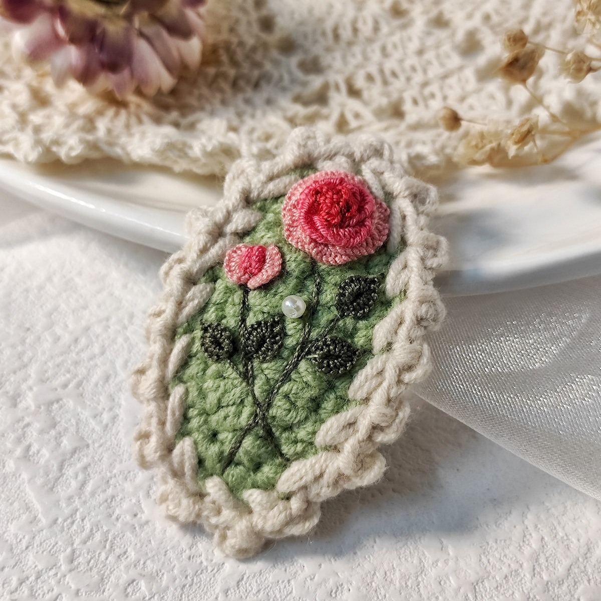 Vintage Handmade Crochet & Embroidered Green Flower Hair Clip