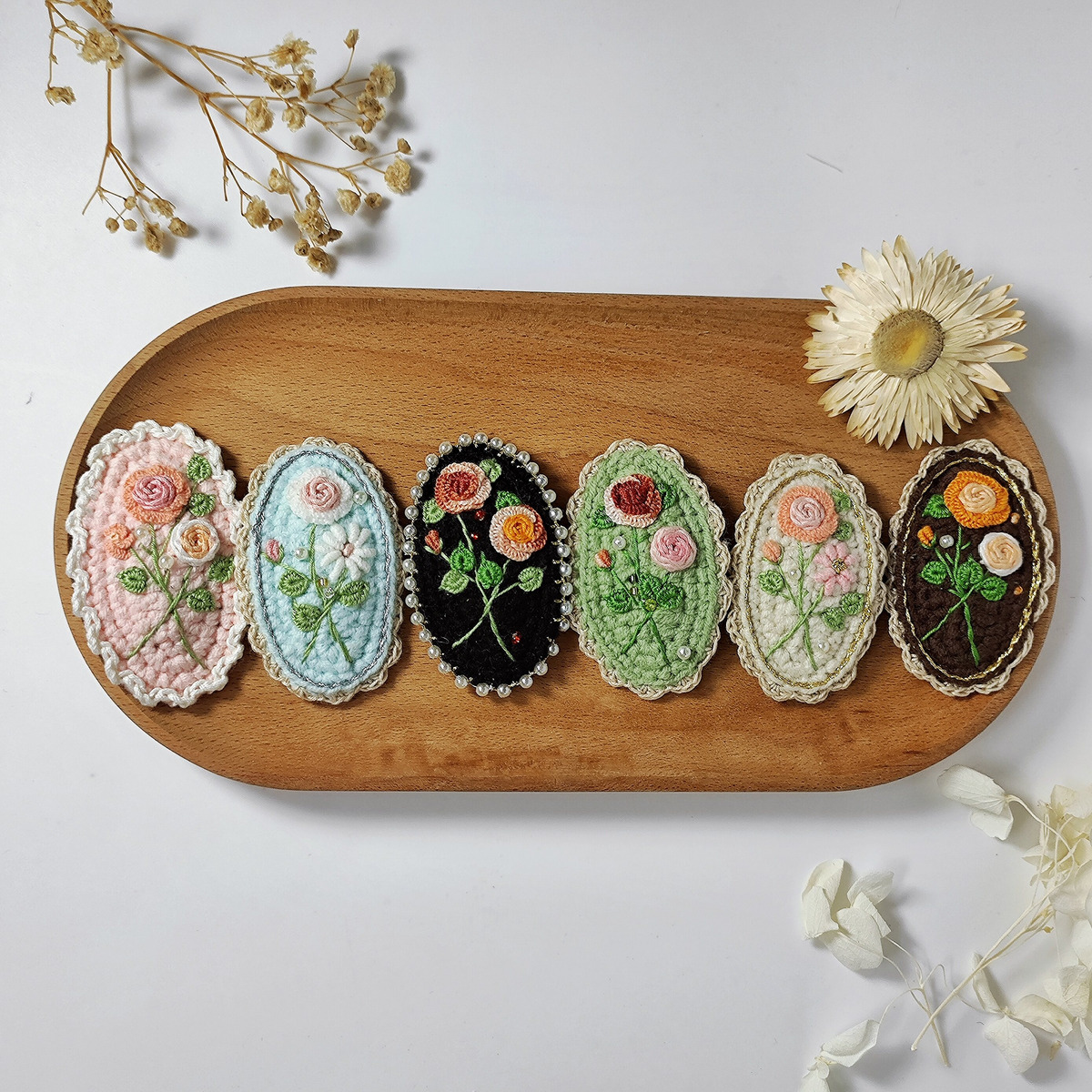 Vintage Handmade Crochet & Embroidered Flower Hair Clip