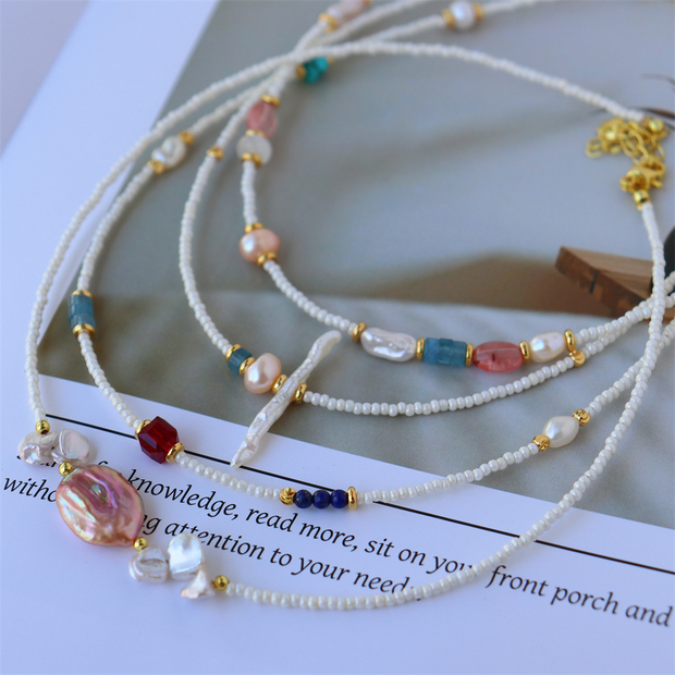 Colorful natural stone freshwater pearl handmade beaded clavicle necklace