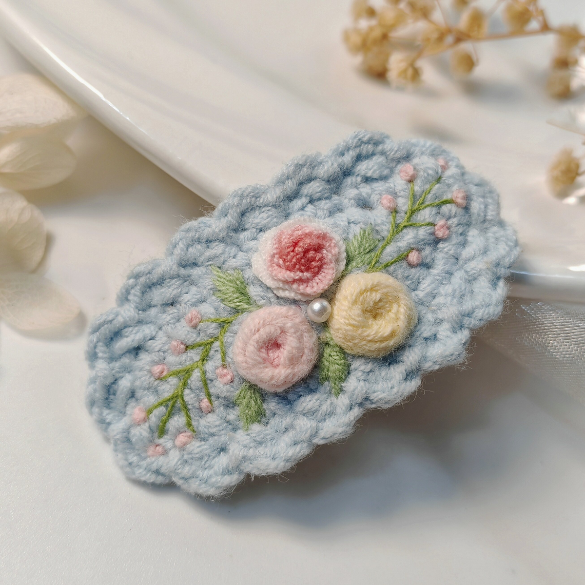Vintage Handmade Crochet & Embroidered Pink&Blue Flower Hair Clip