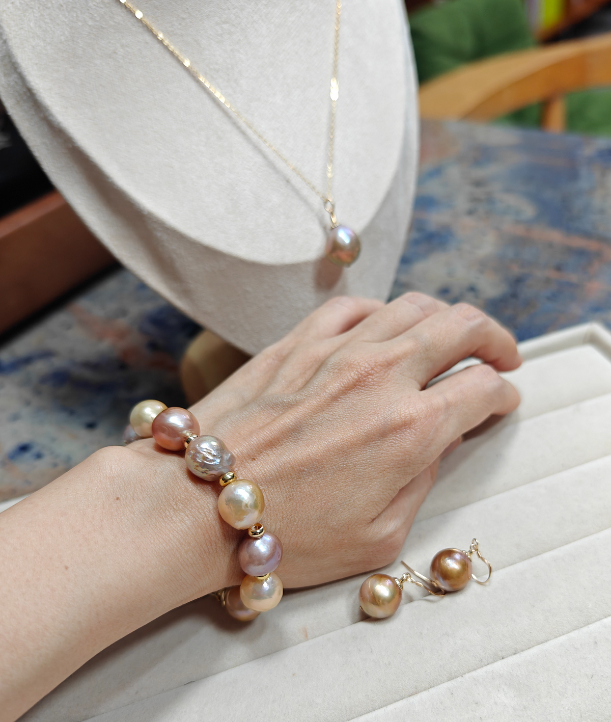 14K gold-filled earrings, necklace and bracelet DIY three-piece set