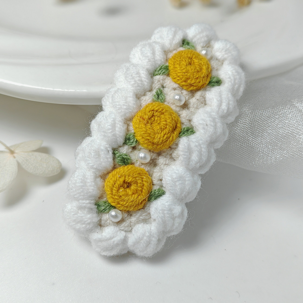 Vintage Handmade Crochet & Embroidered Flower Hair Clip
