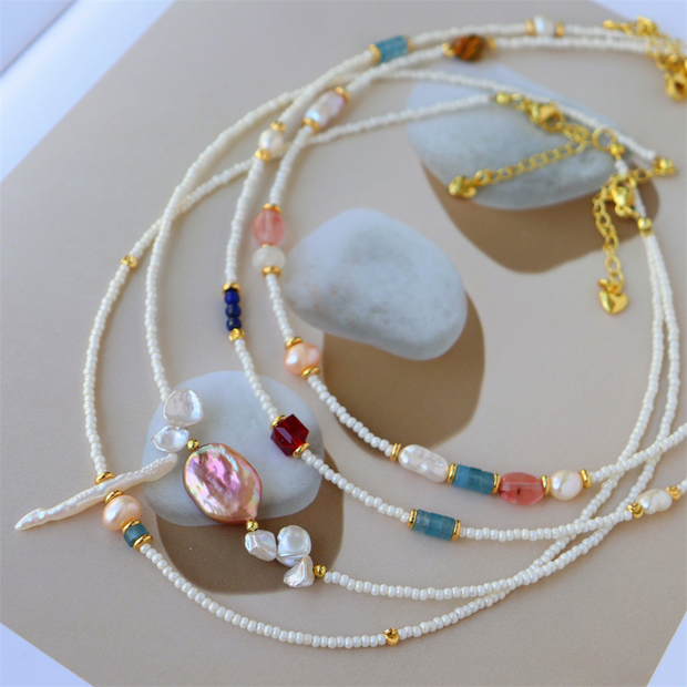 Colorful natural stone freshwater pearl handmade beaded clavicle necklace