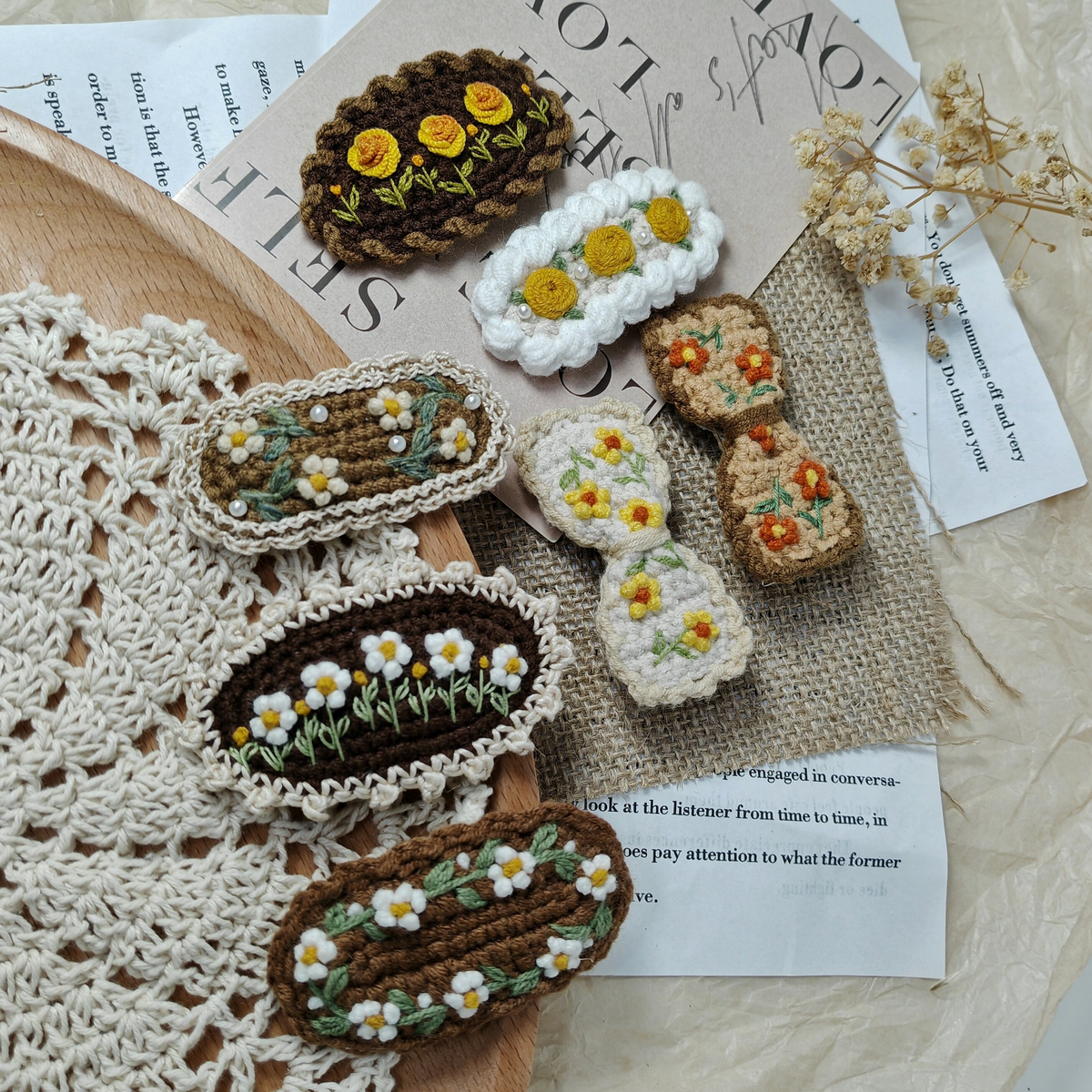 Vintage Handmade Crochet & Embroidered Flower Hair Clip