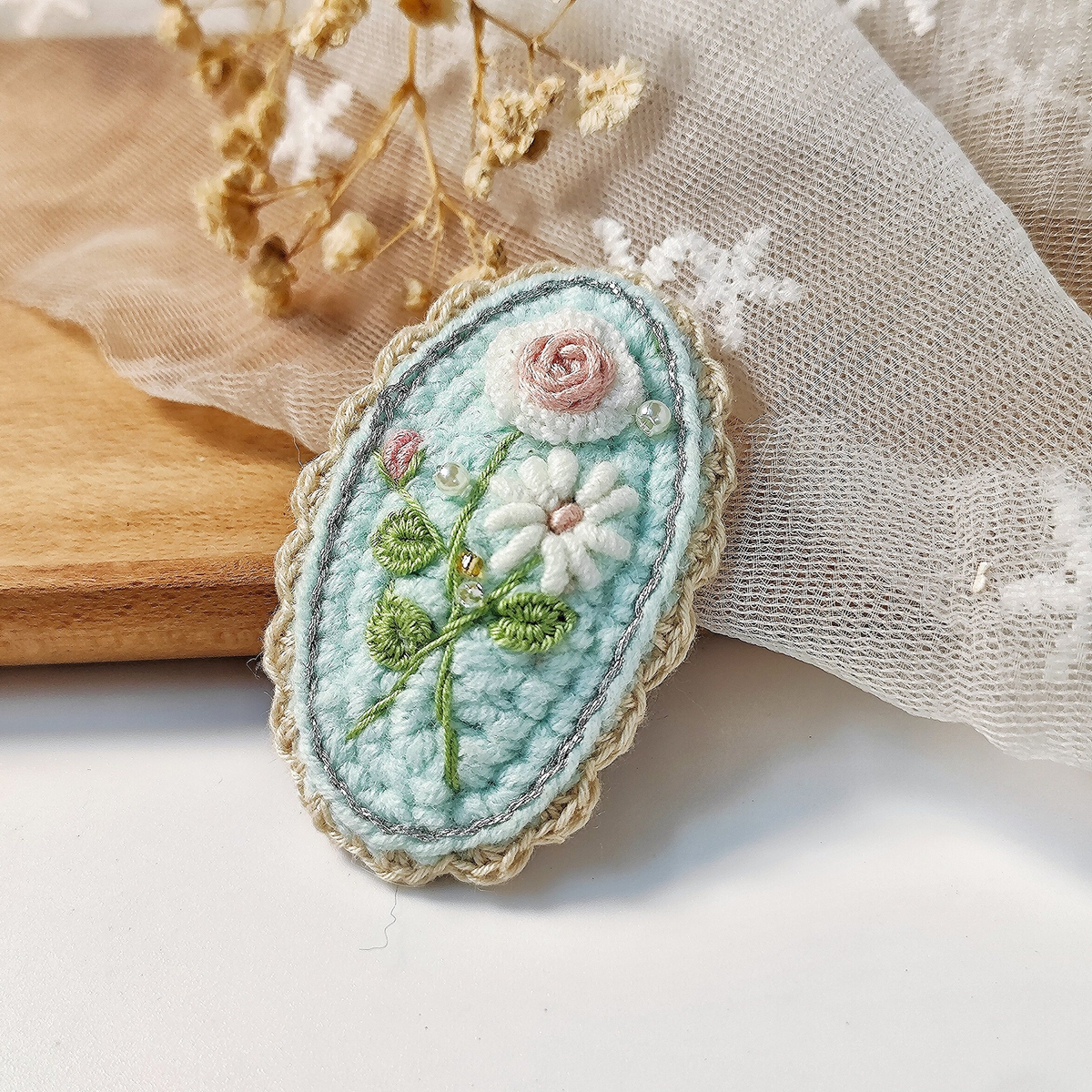 Vintage Handmade Crochet & Embroidered Flower Hair Clip
