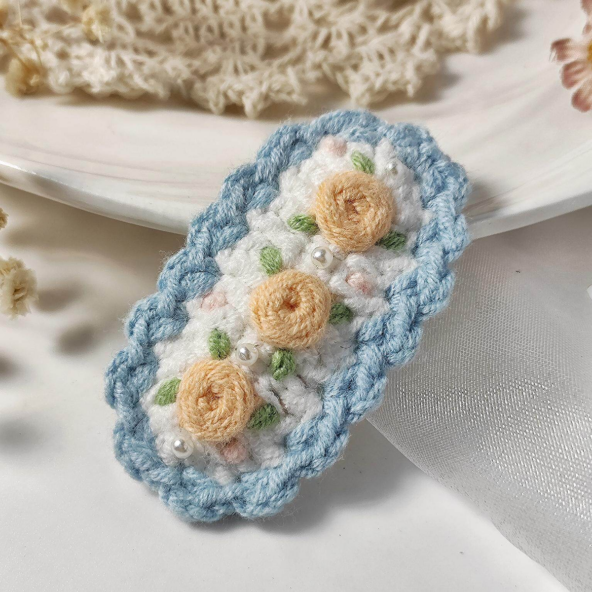 Vintage Handmade Crochet & Embroidered Pink&Blue Flower Hair Clip