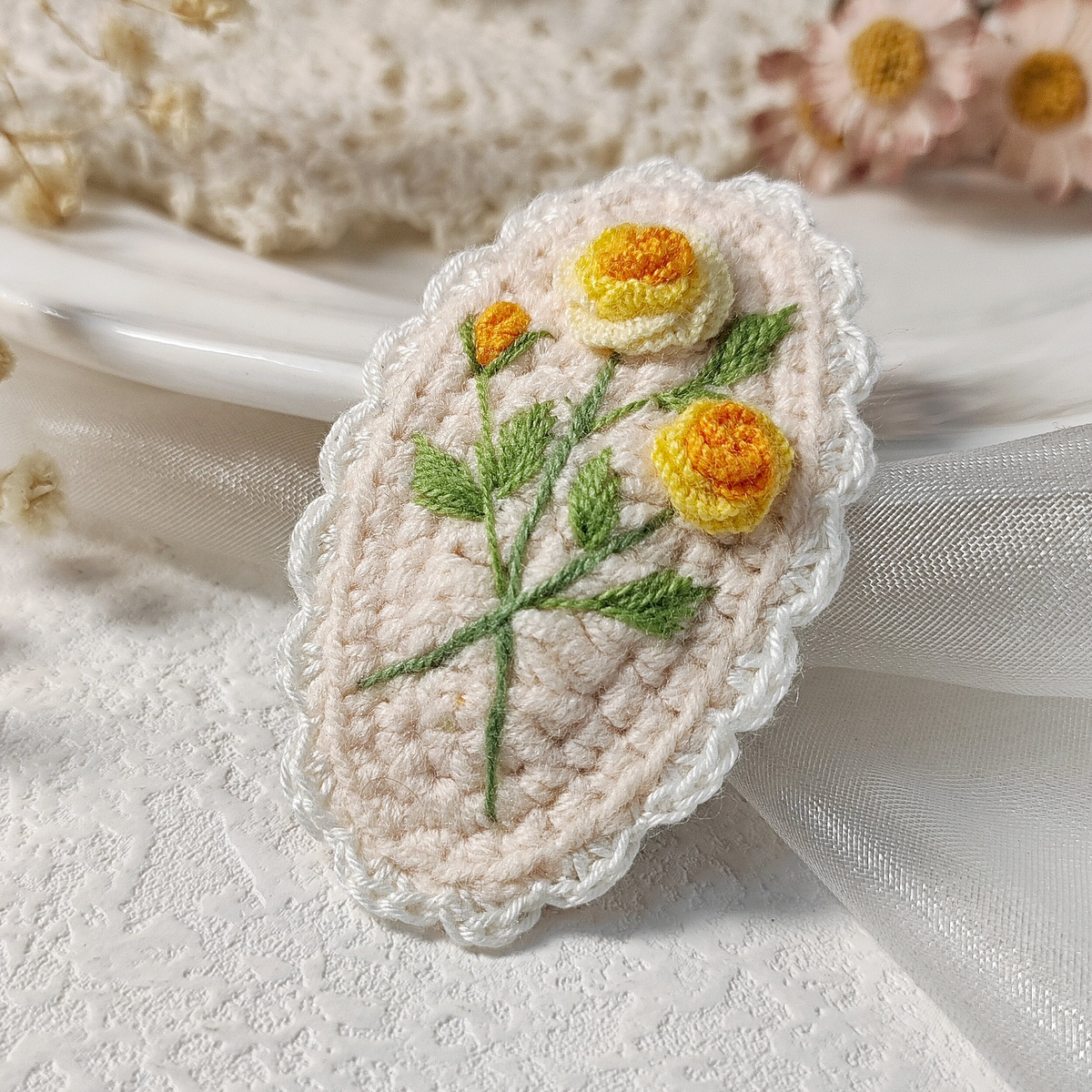 Vintage Handmade Crochet & Embroidered Pink&Blue Flower Hair Clip