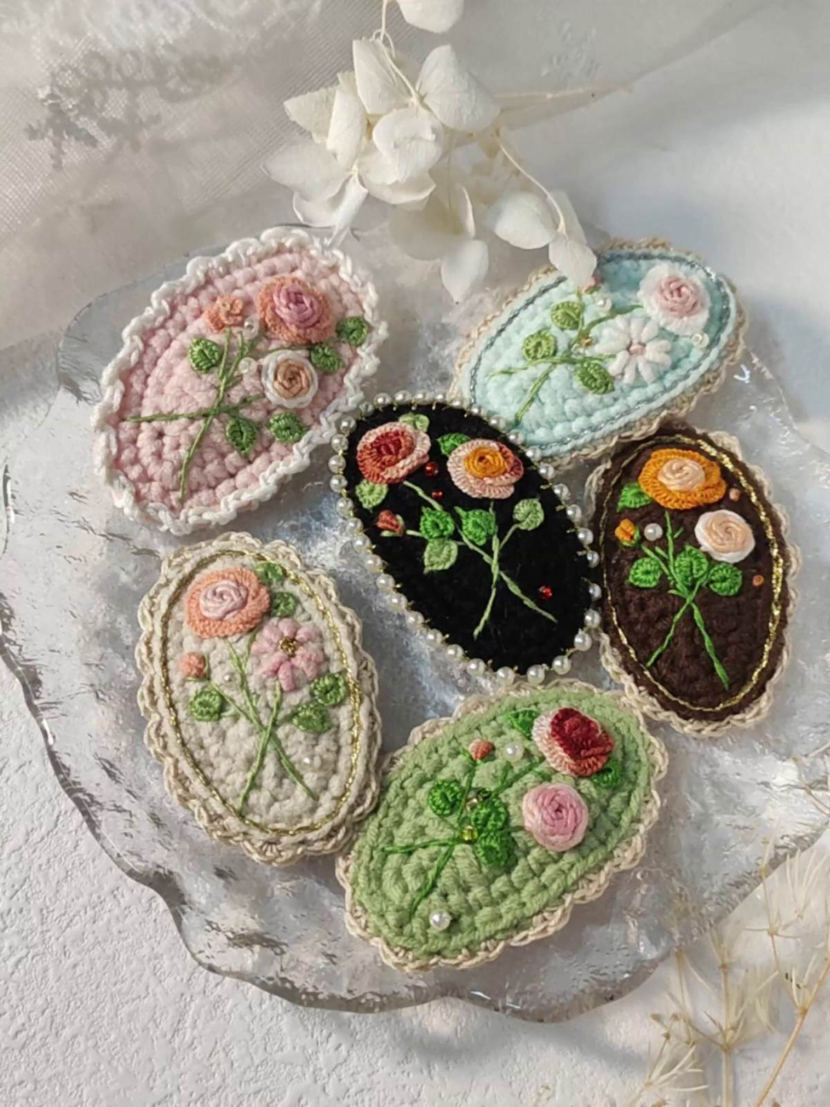 Vintage Handmade Crochet & Embroidered Flower Hair Clip