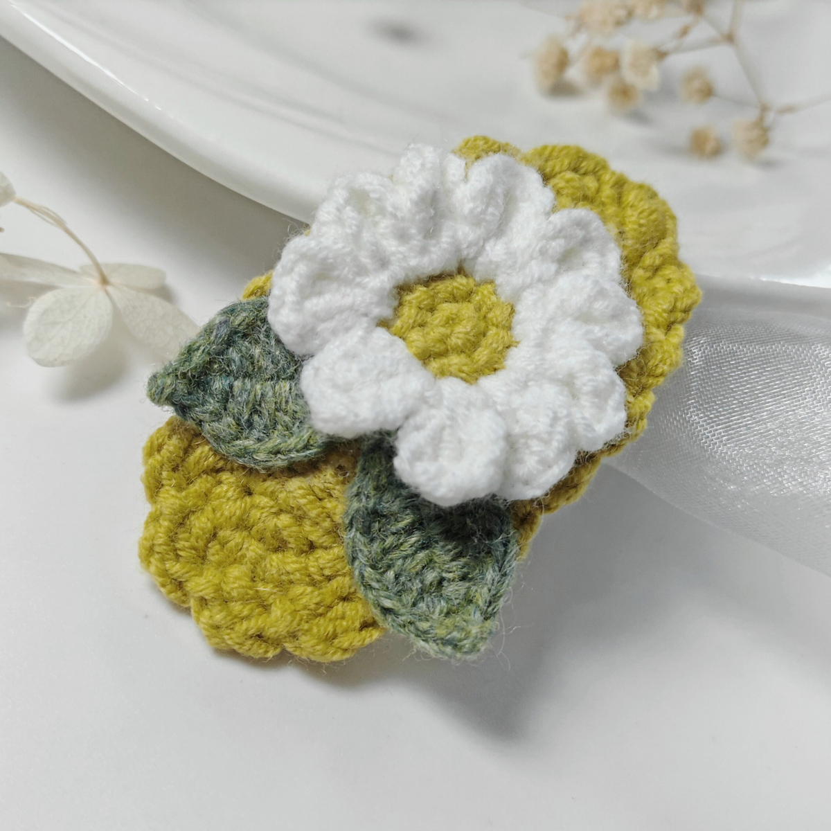 Vintage Handmade Crochet & Embroidered Flower Hair Clip