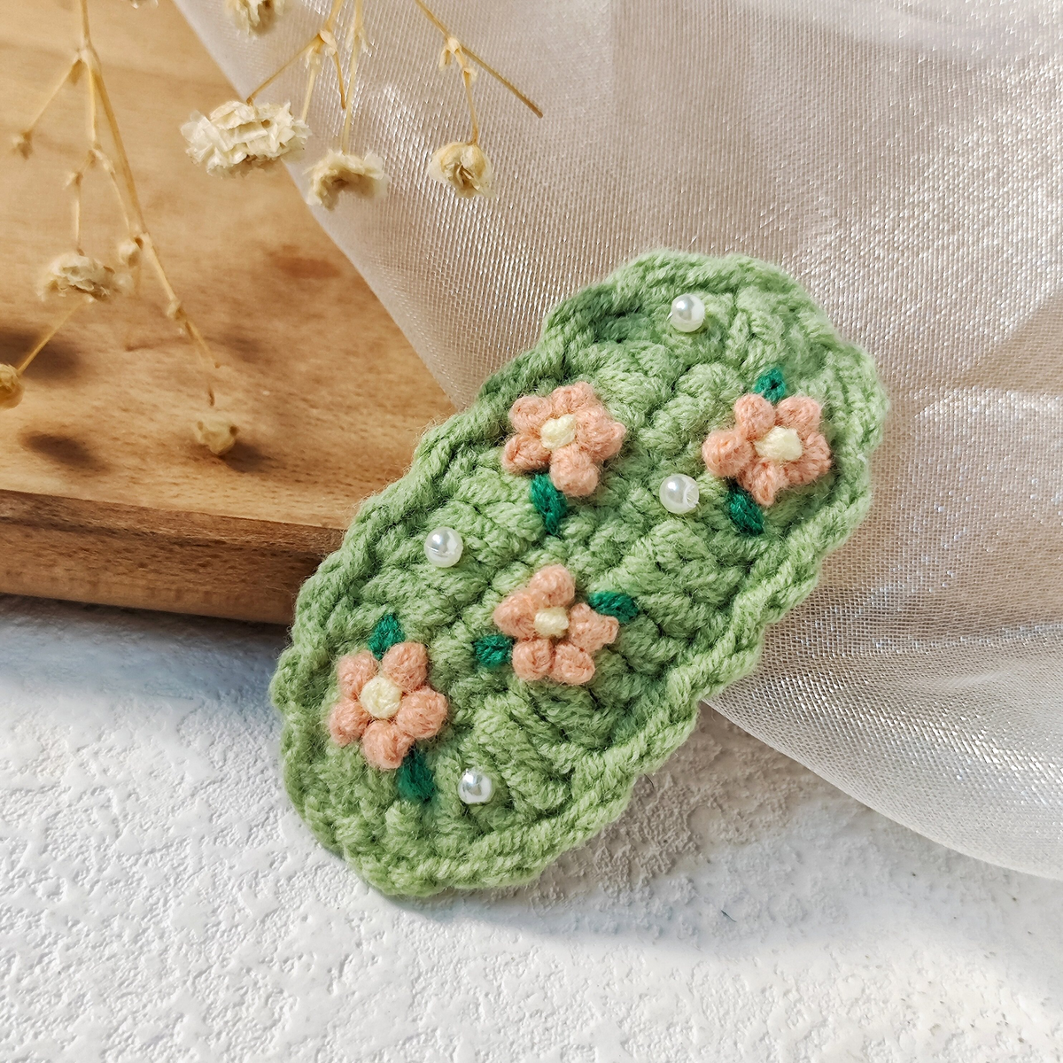 Vintage Handmade Crochet & Embroidered Green Flower Hair Clip