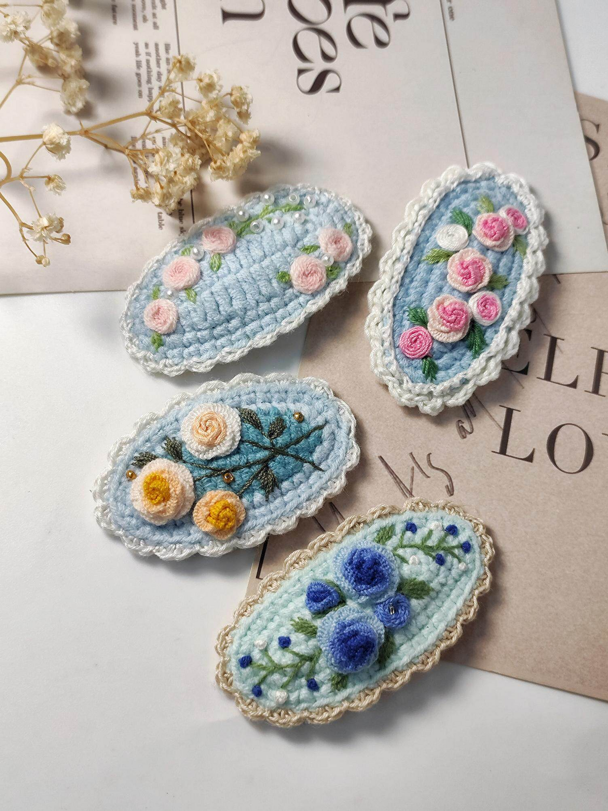 Vintage Handmade Crochet & Embroidered Pink&Blue Flower Hair Clip