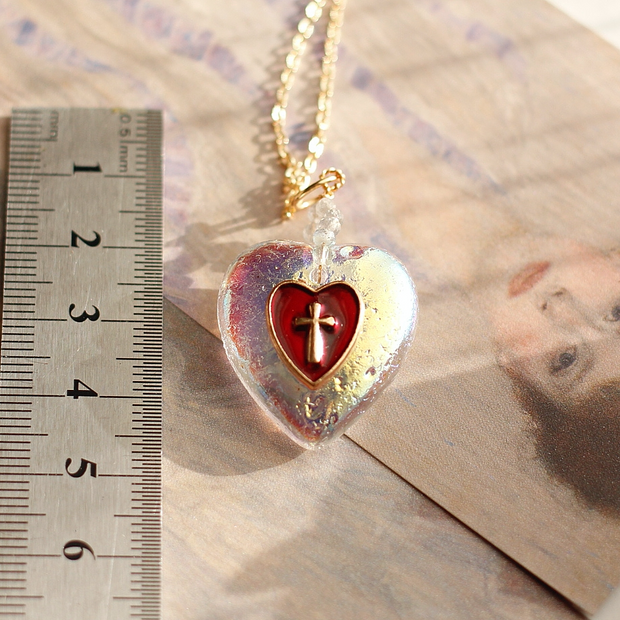 old glaze cross heart peach antique vintage pendant necklace