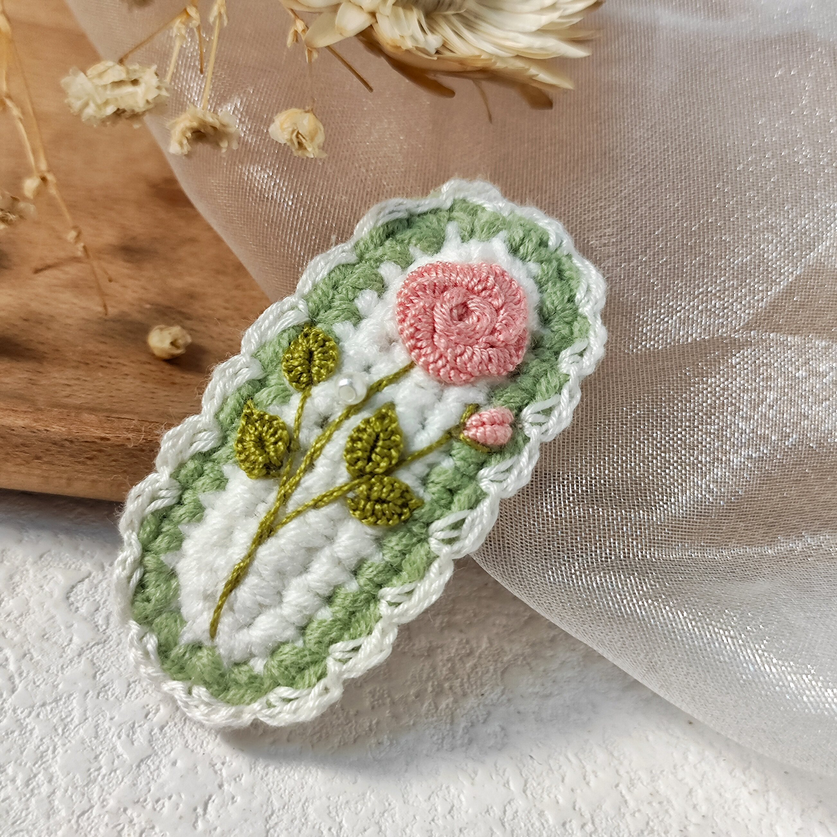 Vintage Handmade Crochet & Embroidered Green Flower Hair Clip