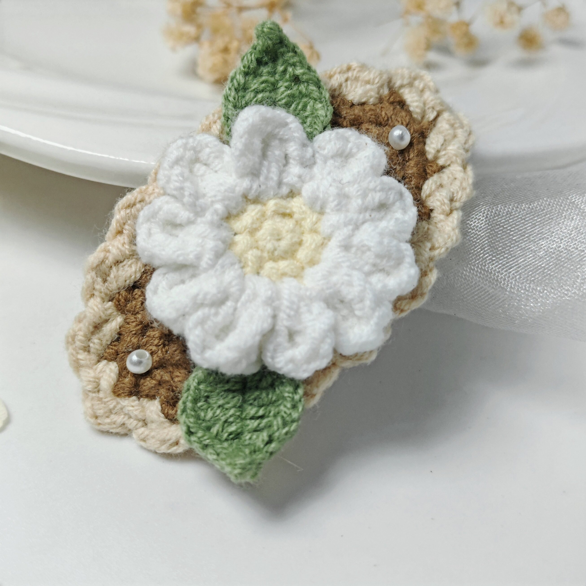 Vintage Handmade Crochet & Embroidered Flower Hair Clip