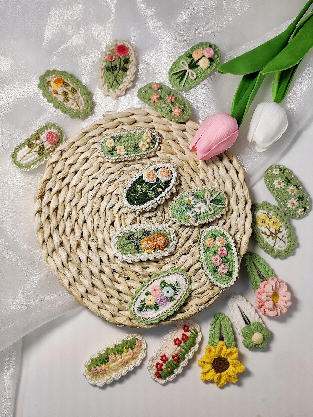 Vintage Handmade Crochet & Embroidered Green Flower Hair Clip