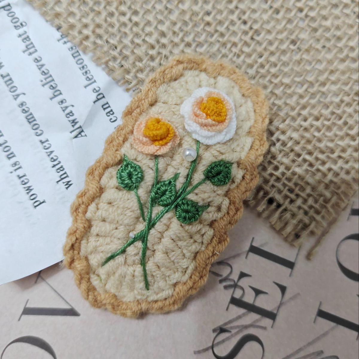 Vintage Handmade Crochet & Embroidered Flower Hair Clip